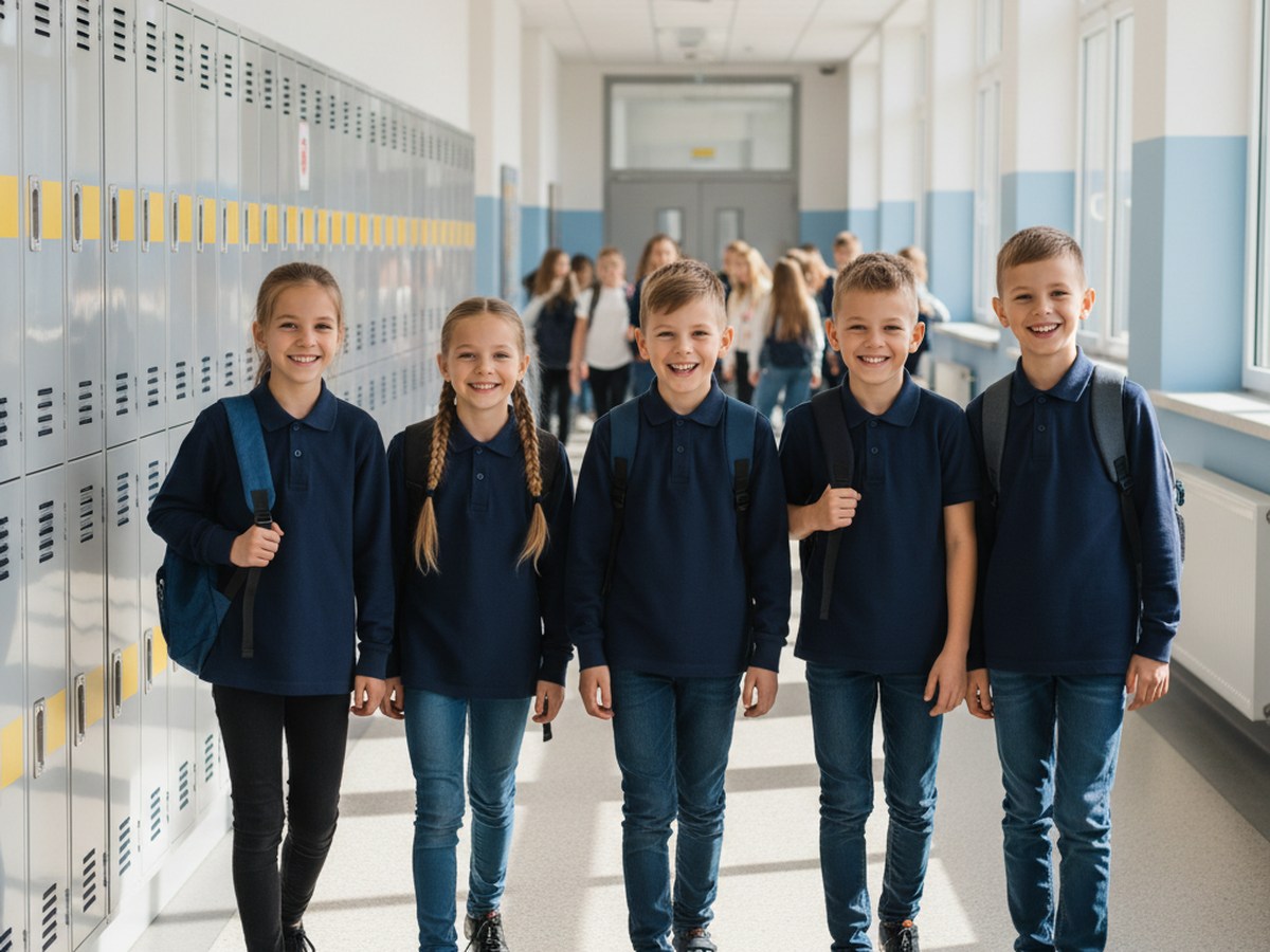 Uczniowie w granatowych polo szkolnych - odzież dla szkół od SkyUp Brandwear