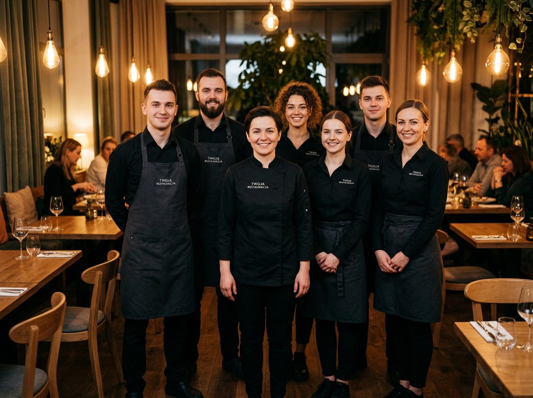 Zespół restauracji w firmowych koszulach z logo