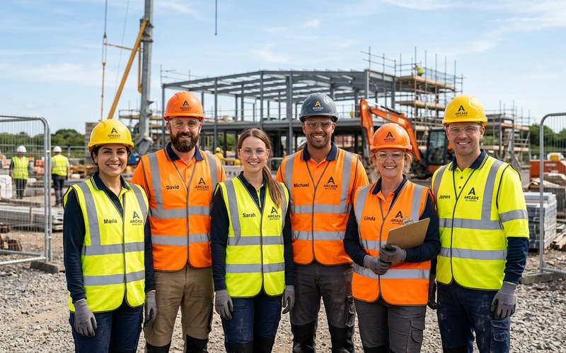 Ekipa budowlana w kamizelkach hi-vis z logo