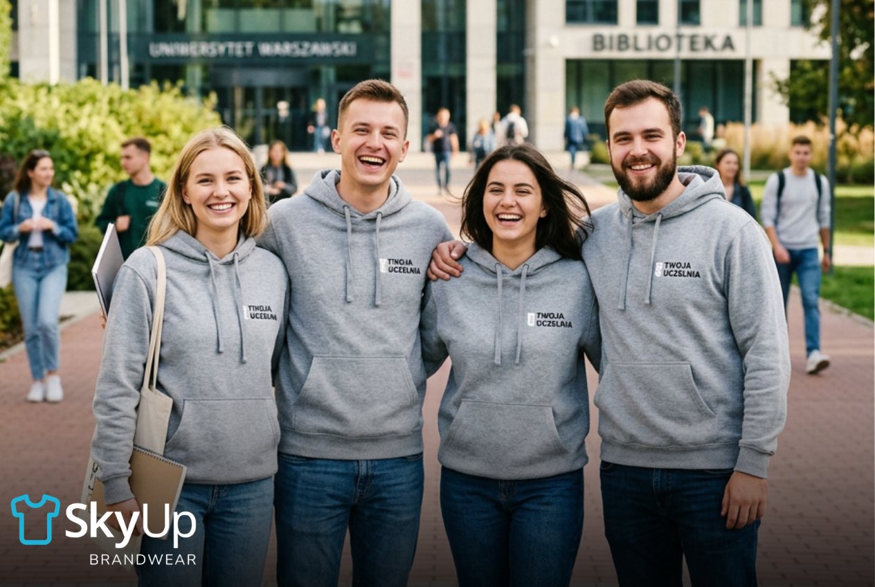 Studenci w bluzach z logo uczelni